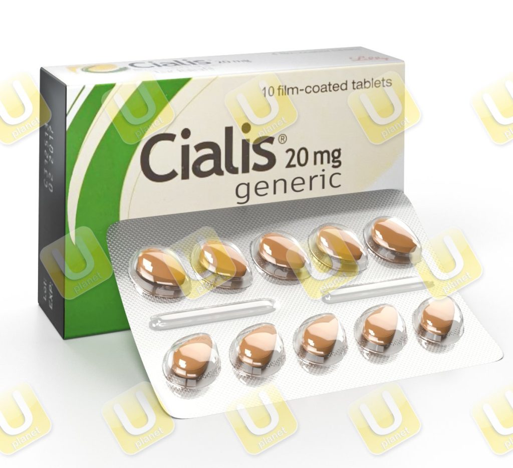 Scatola di tadalafil 20&nbsp;mg e blister con dieci compresse ovali color ambra
