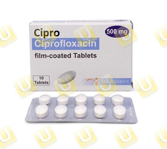 Confezione di ciprofloxacina 500&nbsp;mg con blister da dieci compresse bianche