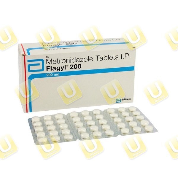 Confezione di metronidazolo 200&nbsp;mg con tre blister di compresse