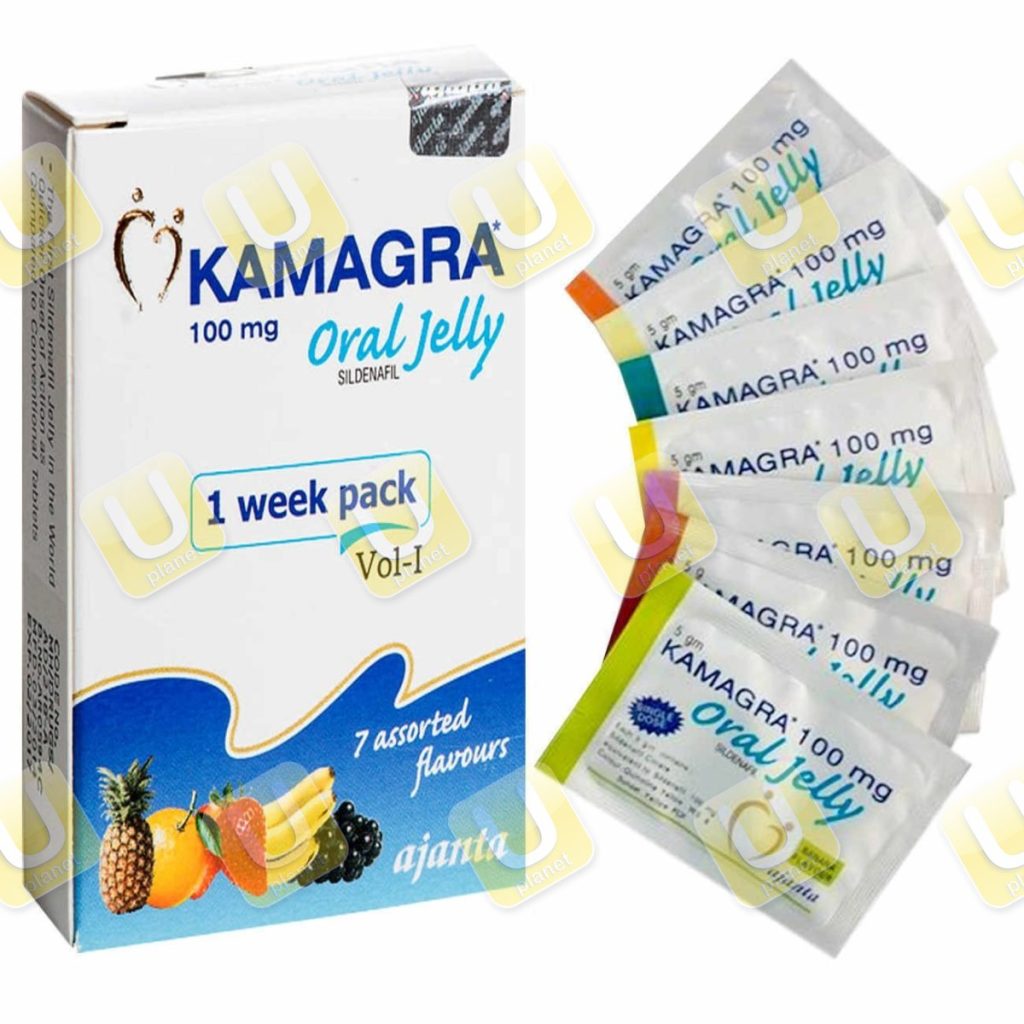 Astuccio di Kamagra Oral Jelly 100&nbsp;mg e sette bustine di gel ai gusti assortiti