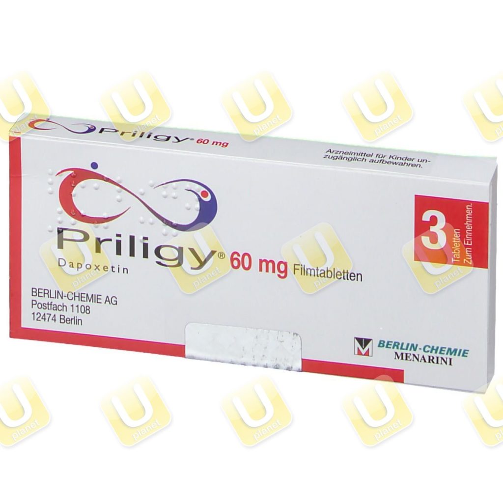 Confezione di Priligy 60&nbsp;mg, dapoxetina, da tre compresse rivestite