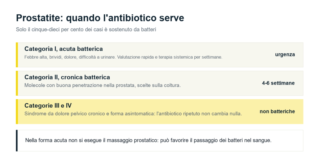 Le categorie della prostatite e l&rsquo;uso dell&rsquo;antibiotico: forma acuta batterica, cronica batterica e sindrome da dolore pelvico cronico
