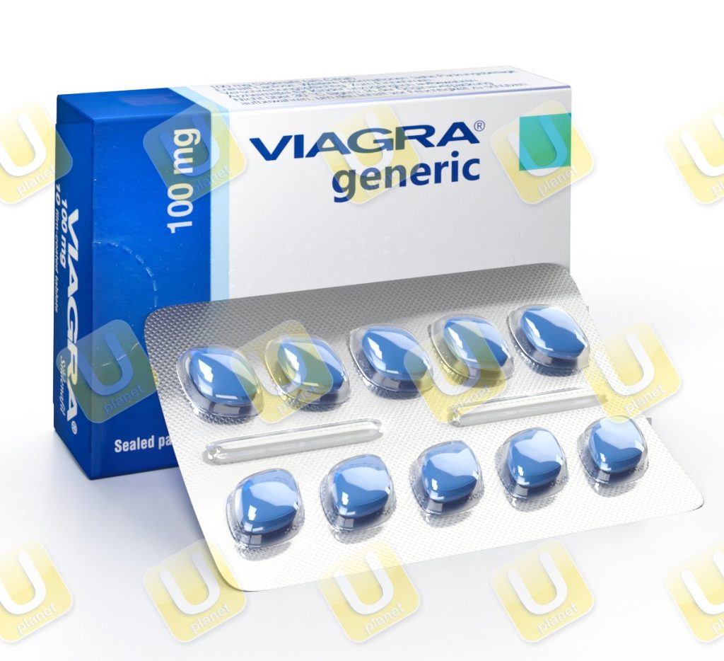Confezione di sildenafil 100&nbsp;mg con blister da dieci compresse romboidali blu